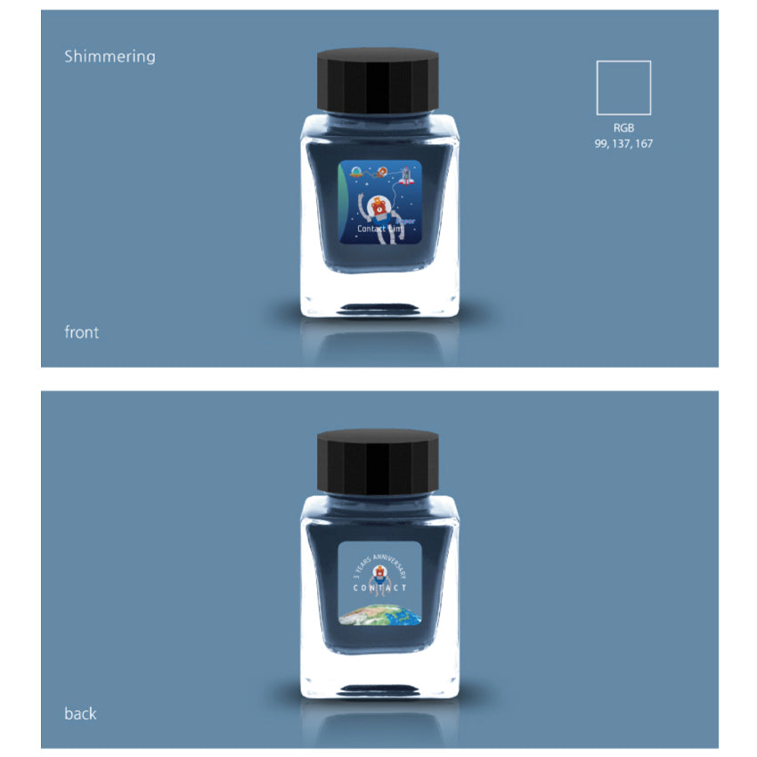 Contact Super Lim (Shimmer) - 30ml ink bottle featuring an astronaut-themed front label and anniversary back label, highlighting Tono & Lims' vibrant, shimmering blue ink.
