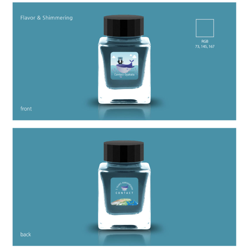 Contact Super Oyakata (Shimmer, Scented) - 30ml ink bottle with cat on whale design; celebrates 2nd anniversary with Earth and spaceship illustration.