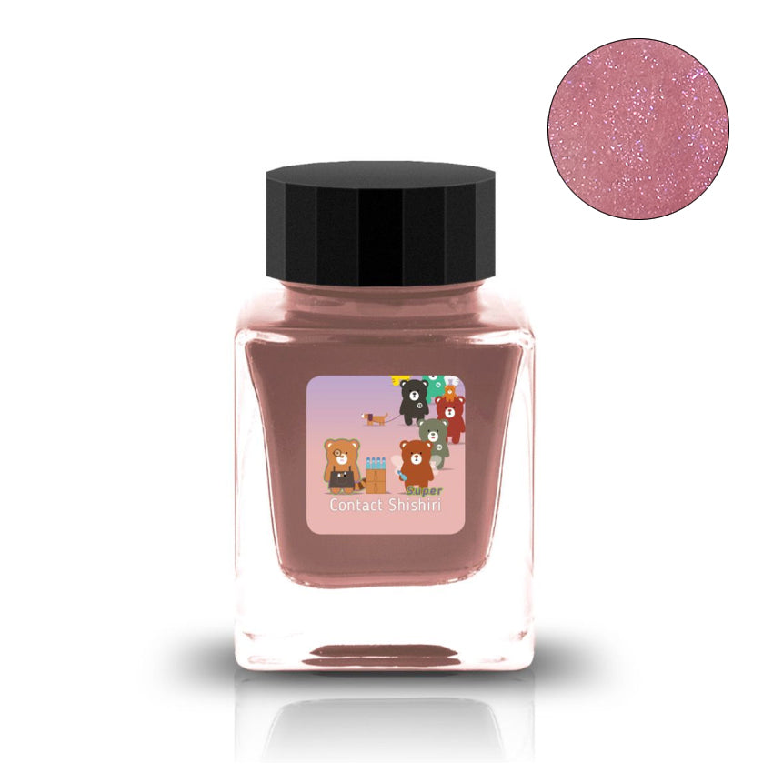 Contact Super Shishiri (Shimmer, Scented) - 30ml, a square glass jar of rosy-pink glitter pigment with a cartoon bear label, celebrating Tono & Lims' 3rd Anniversary.