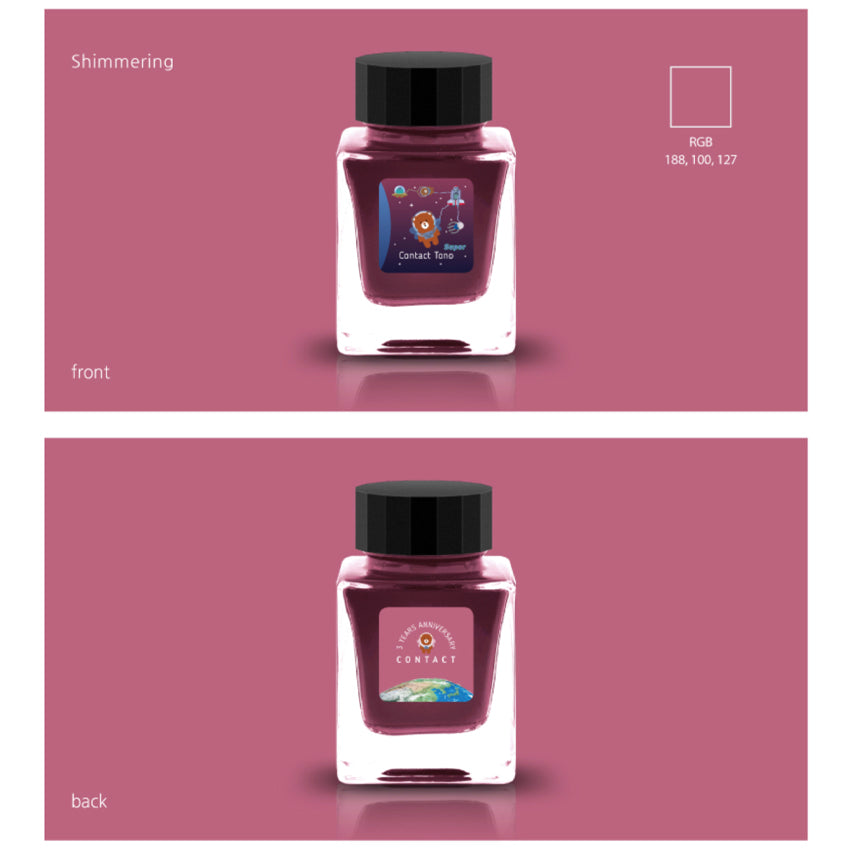 Contact Super Tono (Shimmer) - 2ml ink sample in a square glass bottle with a space-themed label and anniversary logo, showcasing Tono & Lims' vibrant, shimmering wine-pink ink.