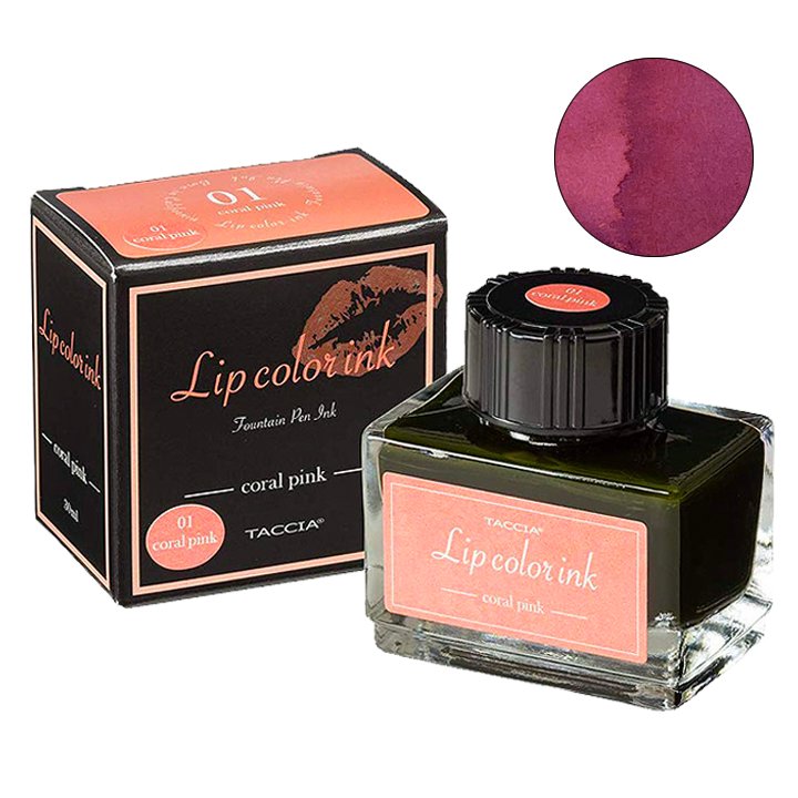20 ml Taccia Lip Color Ink in Coral Pink, with outer carton. Includes a swatch displaying the ink's coral-pink hue when applied.