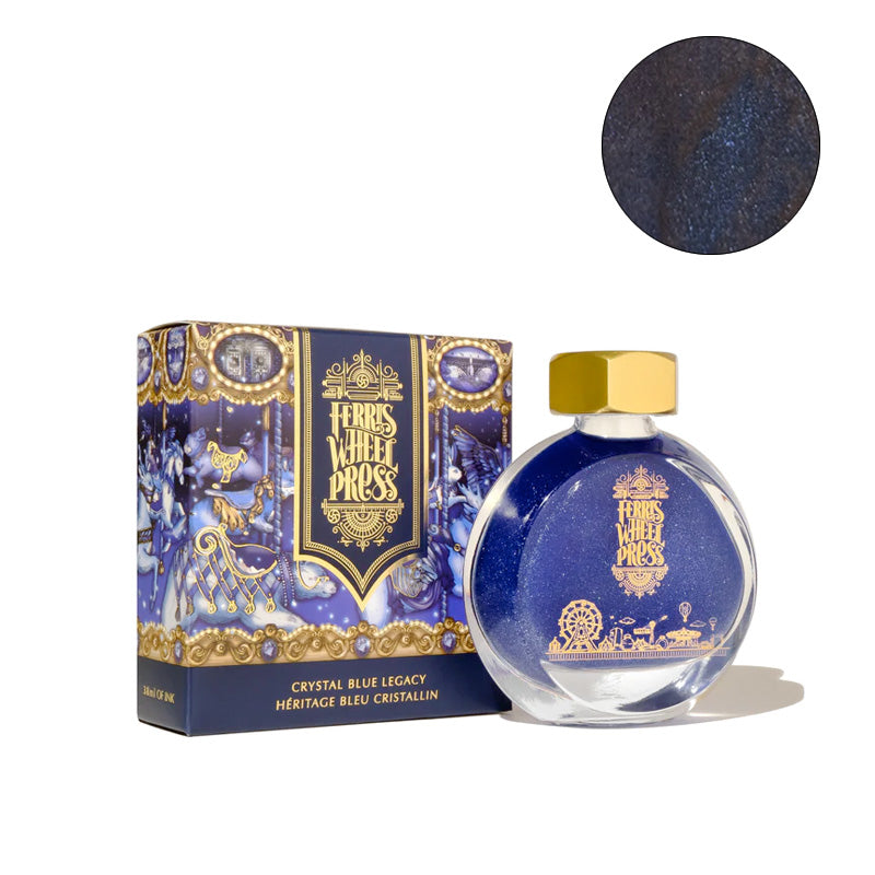 Ferris Wheel Press Crystal Blue Legacy (Shimmer) fountain pen ink, 38ml, in a round glass bottle with gold cap and decorative box.