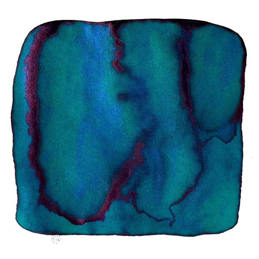 Crystal Marine (Shake 'N' Shimmy) - 50ml: A teal-blue fountain pen ink swatch with magenta sheen, reflecting vibrant color expression and smooth writing performance.