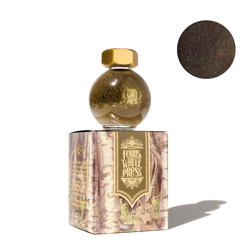 Ferris Wheel Press fountain pen ink, The Three Little Pigs - Curious Woods in a 20ml orb-shaped glass bottle with a gold cap, featuring a shimmering olive-brown hue.