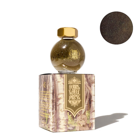 Ferris Wheel Press fountain pen ink, The Three Little Pigs - Curious Woods in a 20ml orb-shaped glass bottle with a gold cap, featuring a shimmering olive-brown hue.