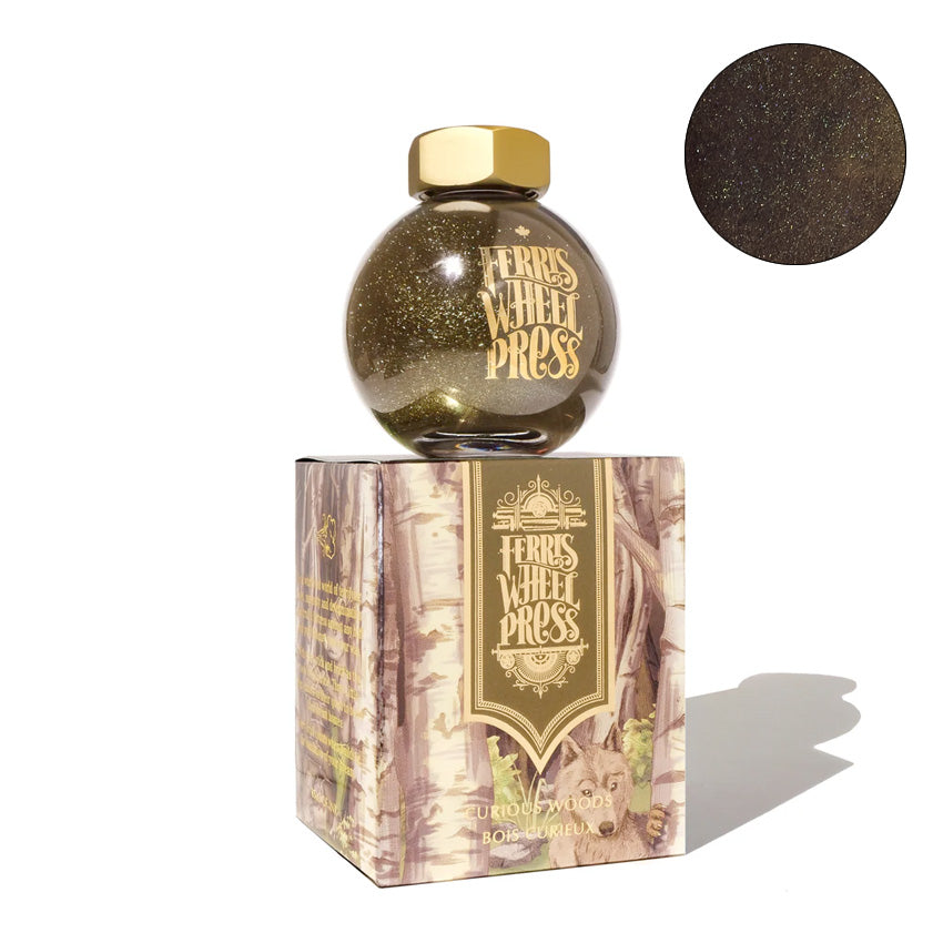 Ferris Wheel Press fountain pen ink, The Three Little Pigs - Curious Woods, 85ml bottle with gold cap, displayed on its illustrated box, showcasing a dark, shimmering tone.