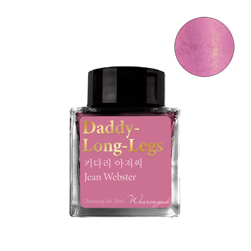 Wearingeul Daddy Long Legs (Shimmer) 30ml fountain pen ink, warm pink hue with gold shimmer, inspired by Jean Webster’s novel, suitable for various pen types.