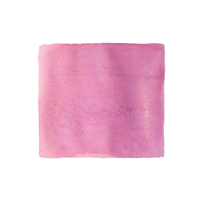 Daddy Long Legs (Shimmer) - 2ml fountain pen ink by Wearingeul, pastel pink with golden glitter, shown in a rectangular swatch on white paper.
