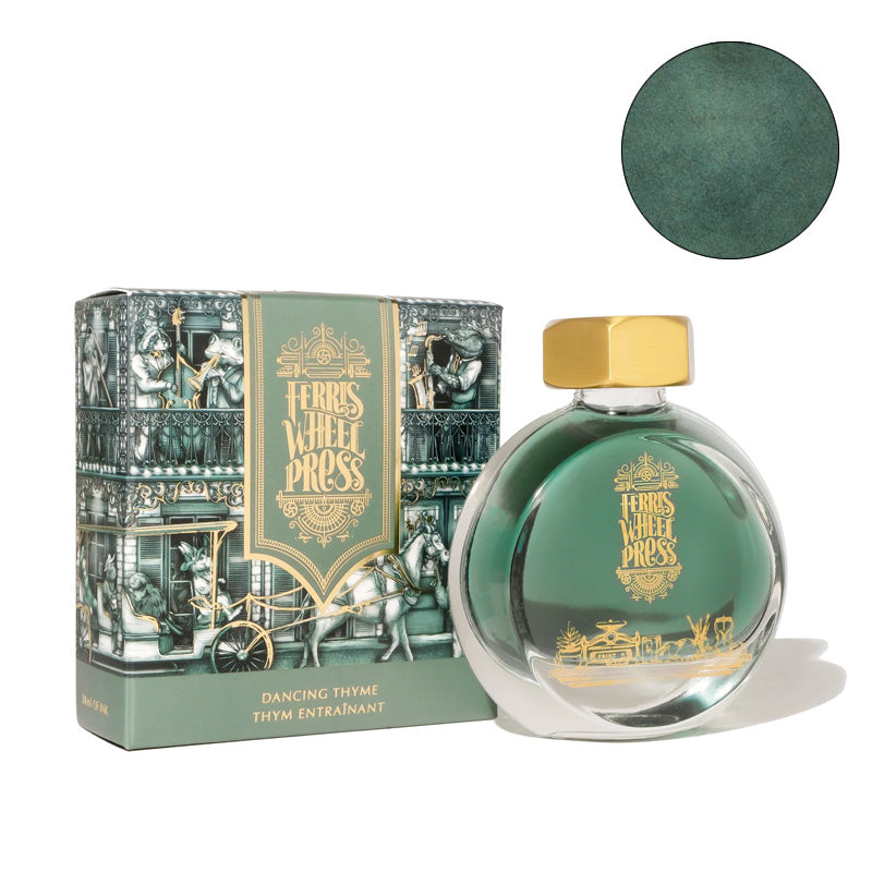 Ferris Wheel Press Dancing Thyme fountain pen ink, 30ml, in a round bottle with gold cap, shown with matching box and green swatch.