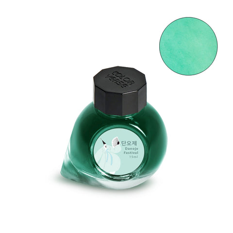 Colorverse Project Ink No.048 Danoje Festival - 15ml bottle of teal-green fountain pen ink, shown with a color swatch, highlighting its plant-based, smooth writing quality.