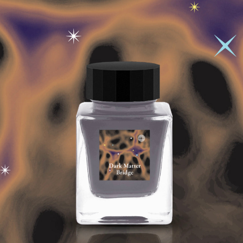 Dark Matter Bridge - 30ml: Small square glass bottle of dark gray-purple fountain-pen ink by Tono & Lims, featuring an astronomical-themed label.
