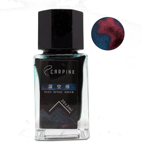 Glass bottle of CARPINK fountain-pen ink, labeled Deep Space Green - 18ml, featuring a deep teal hue with burgundy sheen.