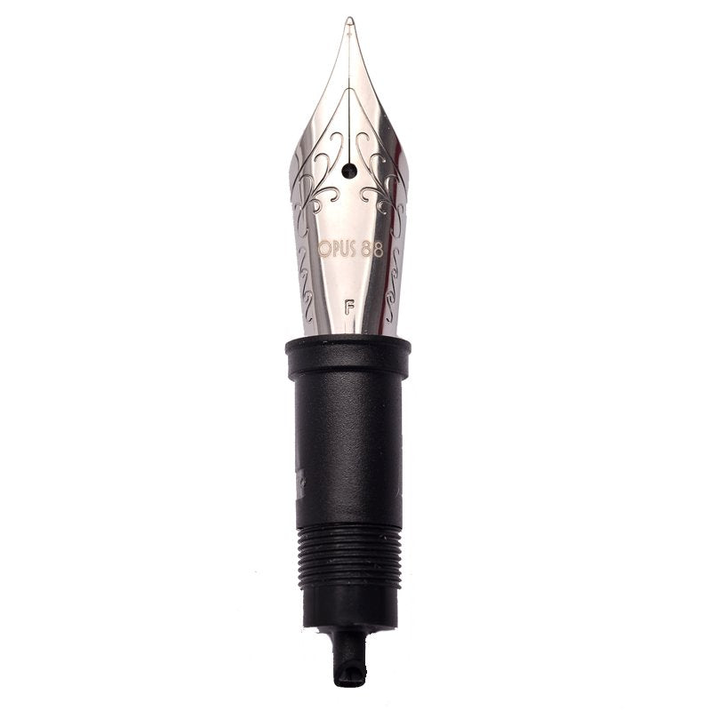 #6 Nib Set - Fine features a steel nib stamped with OPUS 88 and F, mounted in black plastic, for Opus 88 Demonstrator/Omar pens.