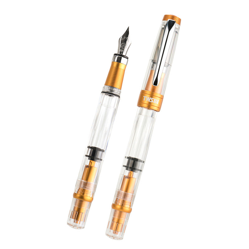 TWSBI Diamond 580 ALR (Sunset Yellow) - Broad fountain pen, showcasing a clear body with metallic trim, featuring a piston-filling mechanism and detachable parts for easy maintenance.