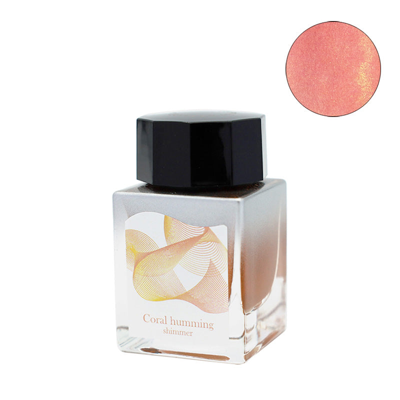 Dipton Ink Coral Humming - 20ml by Sailor, a shimmering coral-pink fountain pen ink in a glass bottle with black cap, ideal for dip pens only.