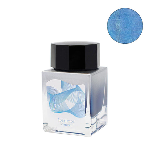 Sailor Dipton Ink Ice Dance - 20ml, shimmering icy-blue dye ink with high glitter content, ideal for dip pens, featuring a square glass bottle and faceted cap.