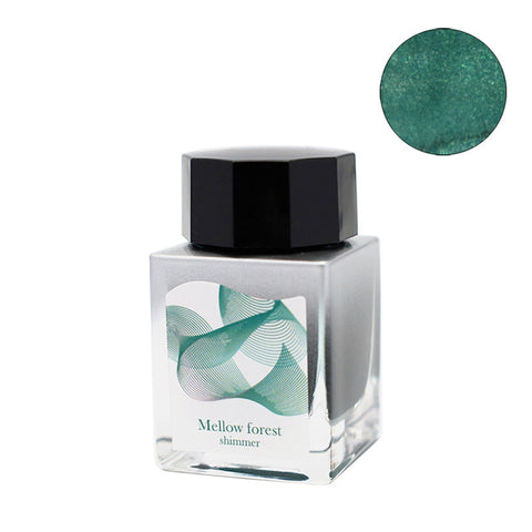 Sailor Dipton Ink Mellow Forest - 20ml, a shimmering green fountain pen ink in a square glass bottle, designed for dip pens due to its high glitter content.
