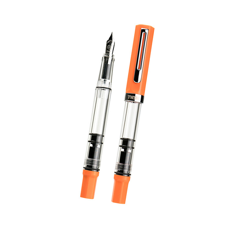 TWSBI ECO (Heat) - Extra Fine fountain pens, featuring clear barrels with bright orange caps, one capped and one uncapped, highlighting the metal nib and piston mechanism.