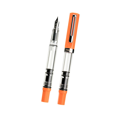 TWSBI ECO (Heat) - Extra Fine fountain pens, featuring clear barrels with bright orange caps, one capped and one uncapped, highlighting the metal nib and piston mechanism.