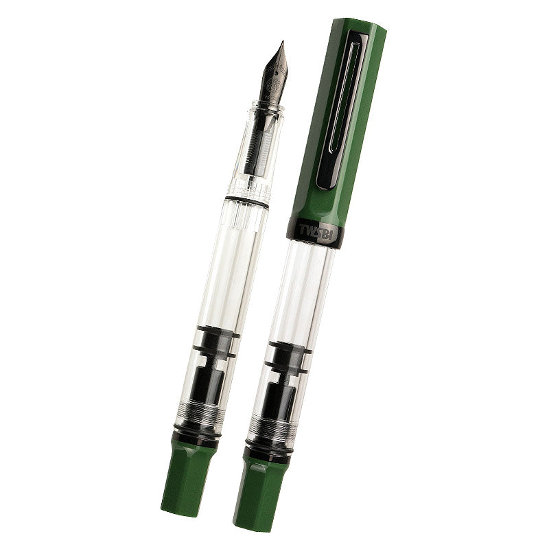 ECO (Irish Green/Onyx) - Extra Fine fountain pen with a clear barrel, green trim, capped and uncapped, revealing the black steel nib and piston fill mechanism.