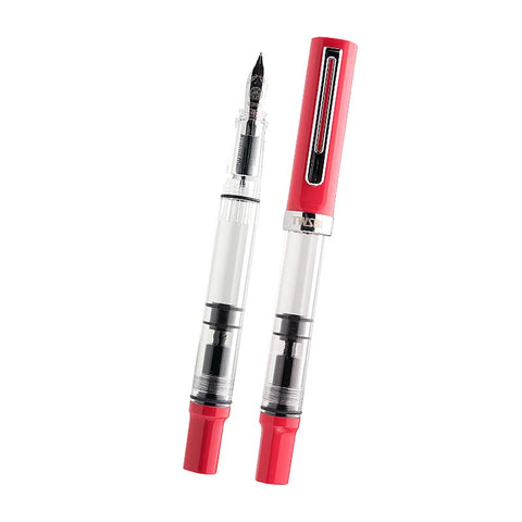 TWSBI ECO-T Rosso Medium fountain pen, showcasing a clear demonstrator body with red cap and end piece, revealing steel nib and piston mechanism.