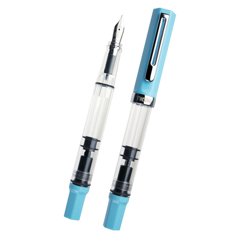 TWSBI ECO (Sky Blue) - Extra Fine fountain pen, capped and uncapped, with clear barrel showcasing piston-fill mechanism, sky-blue cap, and stainless steel nib.