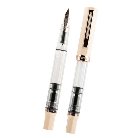 TWSBI ECO fountain pen in Creme/Rose Gold, featuring a clear acrylic body, stub 1.1 steel nib, and piston filling mechanism, showcasing elegant rose-gold-tone trim.