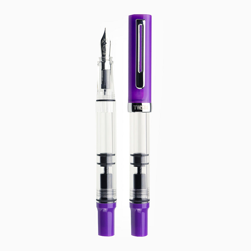 TWSBI ECO-T (Eggplant) fountain pen with transparent body, purple accents, and mediummm stainless-steel nib, showcasing internal piston-filling mechanism.