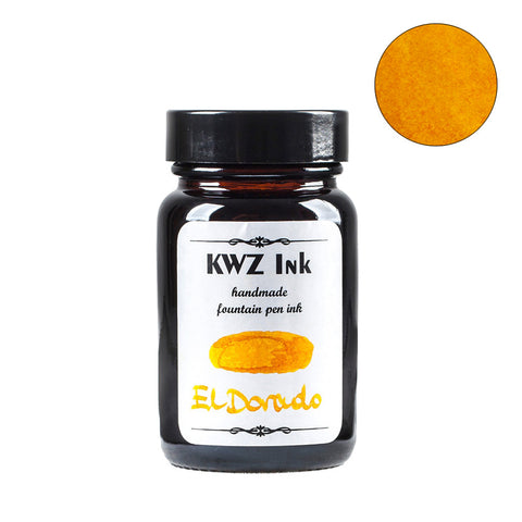 KWZ Ink El Dorado - 60ml fountain pen ink in amber-glass bottle, showcasing a unique golden-yellow hue, handmade for distinct writing properties.