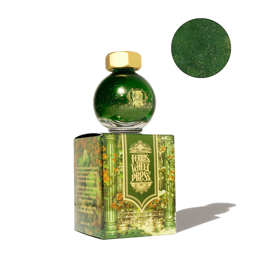 Ferris Wheel Press The Beauty and the Beast - Emerald Gardens fountain pen ink, 20ml, in a green, gold-shimmer glass bottle with faceted gold cap, atop matching floral box.