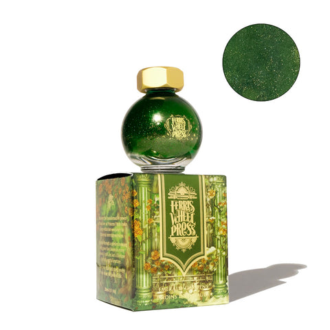 Ferris Wheel Press The Beauty and the Beast - Emerald Gardens fountain pen ink, 20ml, in a green, gold-shimmer glass bottle with faceted gold cap, atop matching floral box.