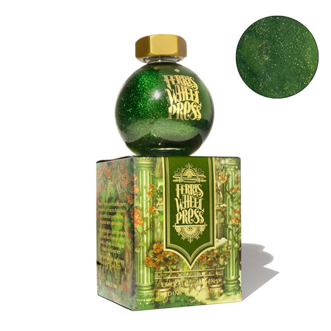 Ferris Wheel Press fountain pen ink set, The Beauty and the Beast - Emerald Gardens (Shimmer), 85ml, with a gold-capped glass bottle of glittery emerald-green ink.