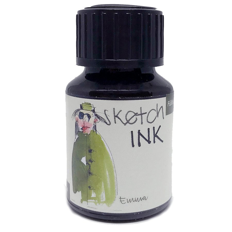 Small glass bottle of SketchINK - Emma (2ml) with a white label, featuring a green figure illustration, suitable for fountain pens and painting, waterproof.