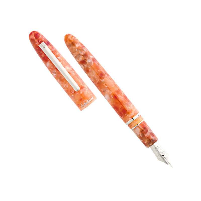 Esterbrook Estie - Petrified Forest / Palladium - Broad fountain pen with a marbled orange acrylic body, chrome trim, and stainless-steel nib, showcasing its elegant design.
