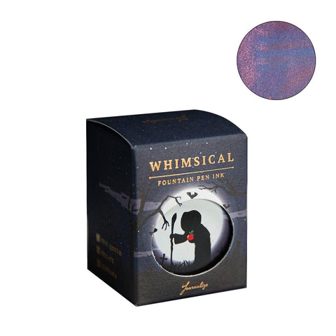 Evil Queen (Shimmer) - 30ml fountain pen ink by Journalize, featuring a moonlit graveyard design, dusky purple with reddish-pink shimmer, from the Whimsical collection.
