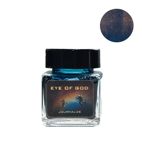 Eye of God (Shimmer) - 30ml fountain pen ink by Journalize, featuring deep midnight-blue with shimmering bronze flecks, in a square glass jar with a cosmic-themed label.