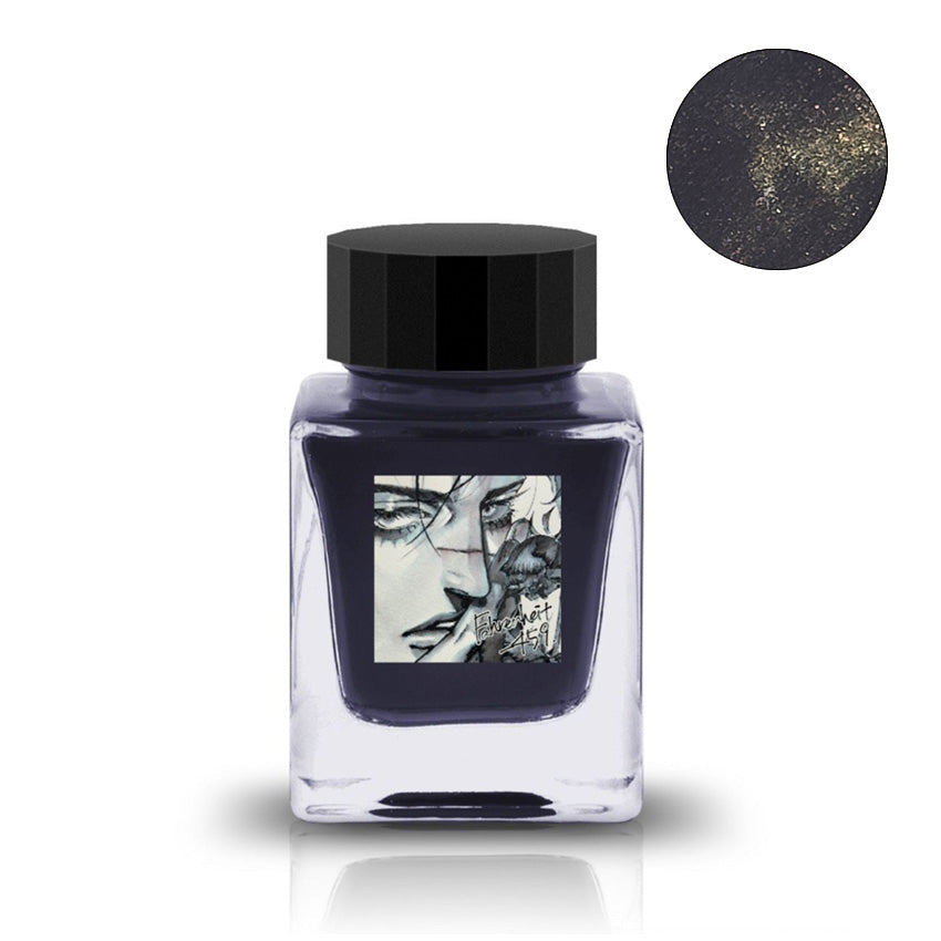 Tono & Lims Fahrenheit-459 (Shimmer) fountain pen ink, 30ml glass bottle with a faceted black cap, featuring gold shimmer and face sketch label.