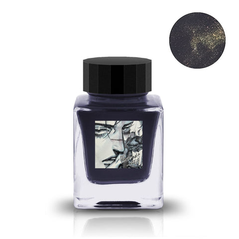 Tono & Lims Fahrenheit-459 (Shimmer) fountain pen ink, 30ml glass bottle with a faceted black cap, featuring gold shimmer and face sketch label.
