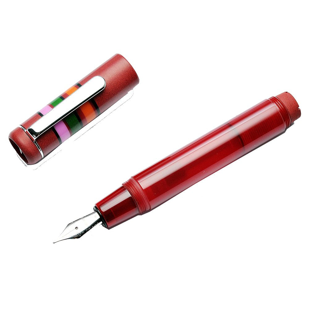 Disassembled OPUS 88 Fantasia - Red (Medium) fountain pen with exposed steel nib, matching cap featuring a silver clip and multicolored striped band.