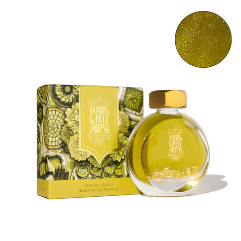 Festival Grove (Shimmer) - 38ml ink in a round glass bottle with a gold cap, featuring mustard-yellow with gold sparkle, shown with matching botanical motif box.