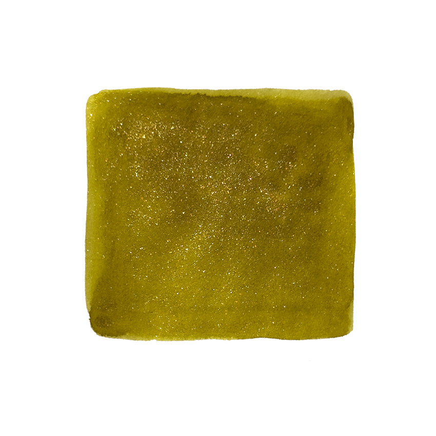 Festival Grove (Shimmer) - 38ml: A yellow-olive, glitter-infused square swatch, resembling fabric or foam, showcasing a dazzling, slightly fuzzy surface.