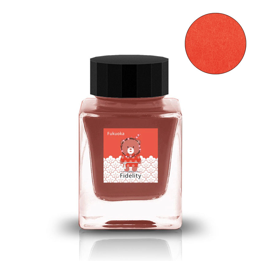 Fidelity (Fukuoka Special) - 30ml ink by Tono & Lims, in a square glass bottle with a black cap, featuring a cartoon bear and cherry blossoms label.