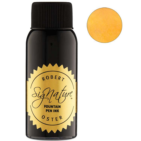 Robert Oster Signature Fire - 50ml fountain pen ink in a black bottle, featuring a warm, golden-yellow swatch. Ideal for smooth, expressive writing.