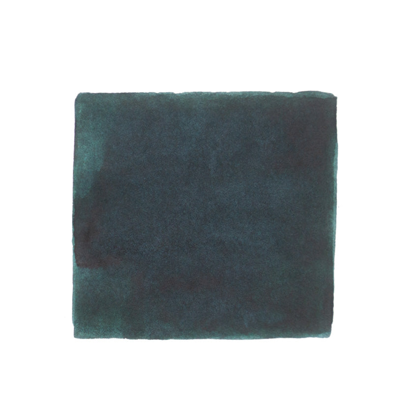 KWZ Ink Foggy Green fountain pen ink, 60ml bottle, hand-painted dark teal swatch on white, showcasing unique dye-based color for specialized writing.
