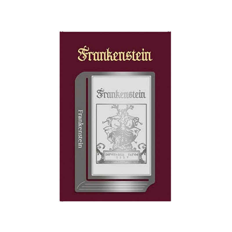 Edge Metal Bookmark World Classic Series (Frankenstein) by Wearingeul, featuring a gothic-style Frankenstein title and anatomical engraving on metallic-silver, nickel-plated stainless steel bookmark.