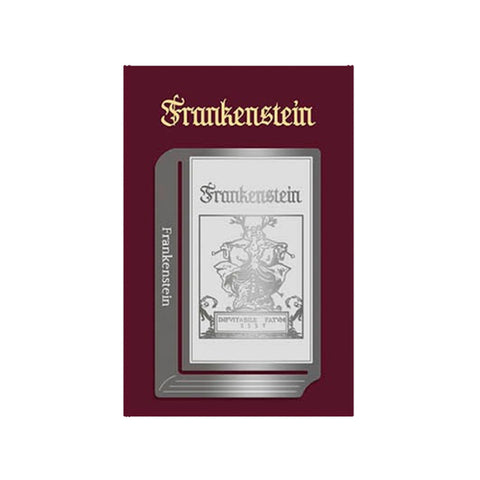 Edge Metal Bookmark World Classic Series (Frankenstein) by Wearingeul, featuring a gothic-style Frankenstein title and anatomical engraving on metallic-silver, nickel-plated stainless steel bookmark.