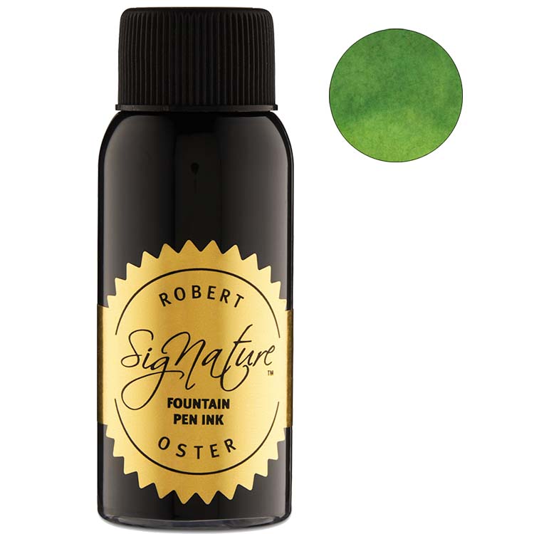 Robert Oster Signature Frankly Green fountain pen ink, 50ml bottle, with ink swatch showcasing vibrant green color and sustainable design.