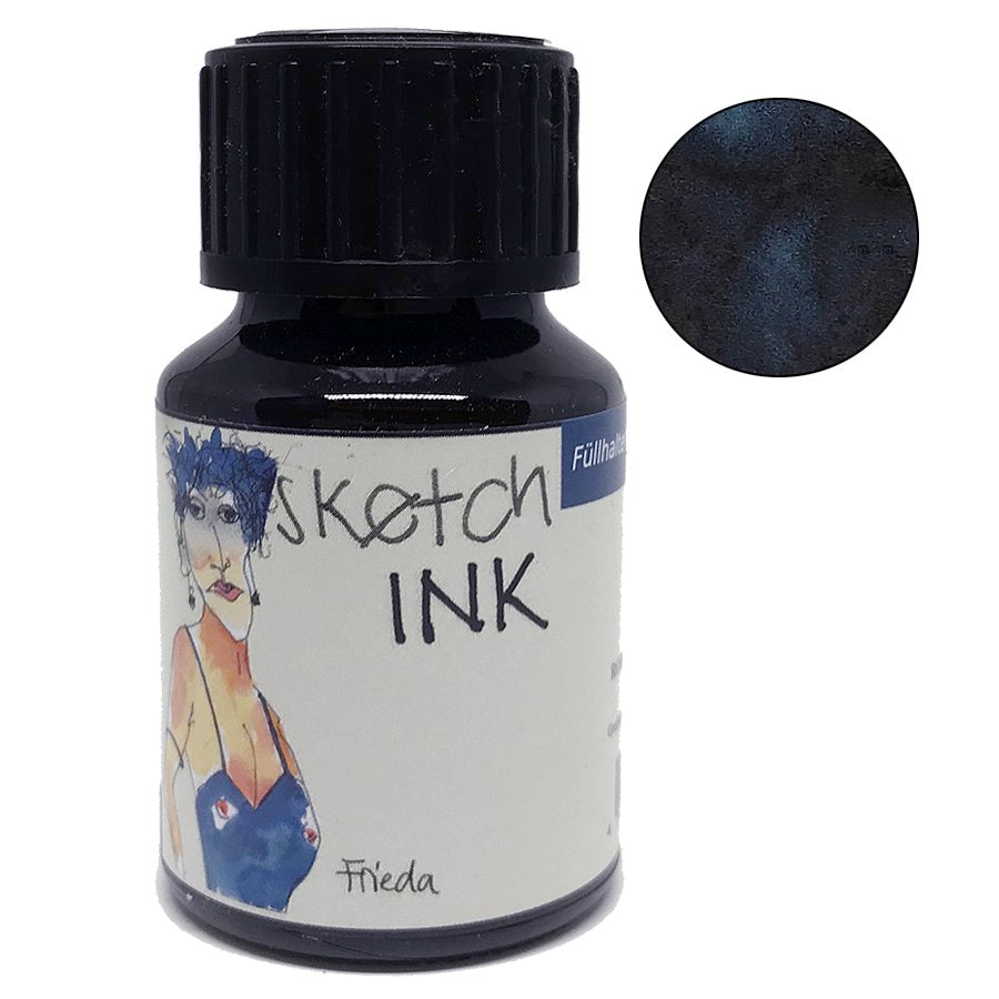 SketchINK - Frieda (50ml) in a glass bottle, featuring a deep, shimmery blue-black label thumbnail and the Rohrer & Klingner brand logo.