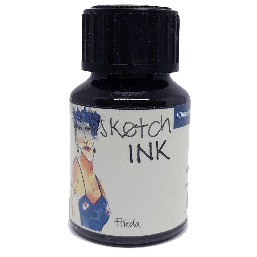 SketchINK - Frieda (2ml) in a small glass bottle with ribbed black cap, featuring a woman's illustration on the label, by Rohrer & Klingner.