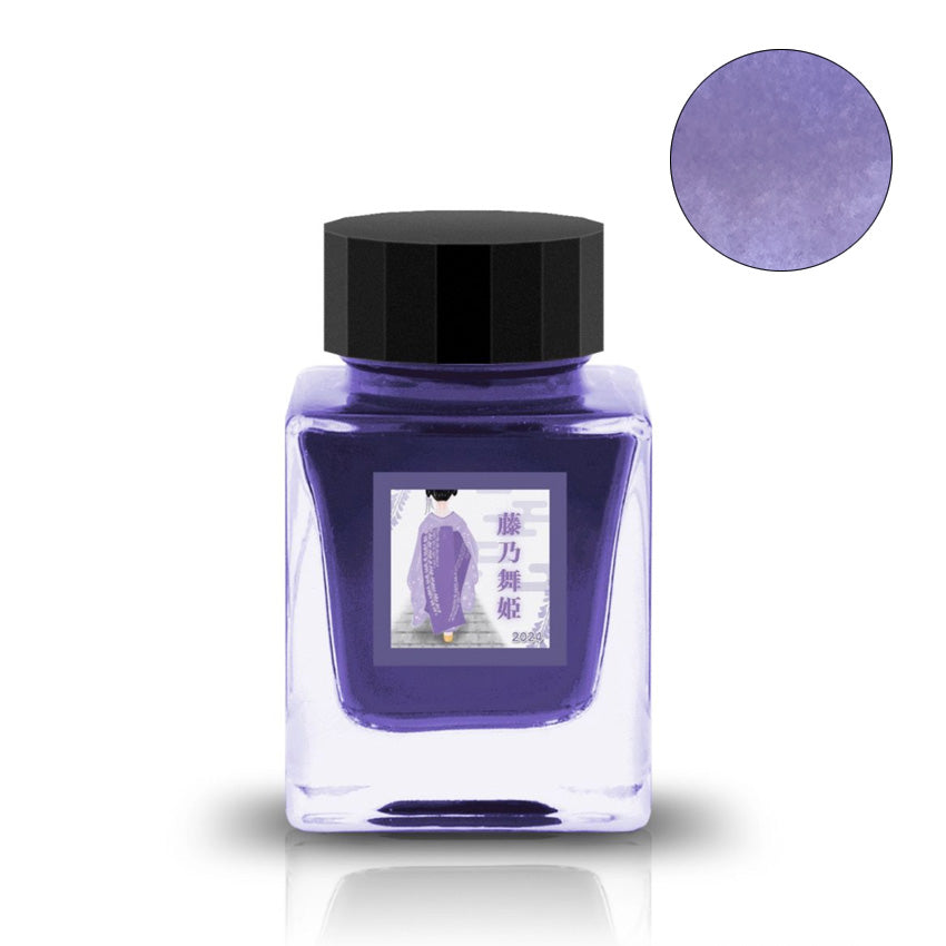 Tono & Lims Fuji no Maihime 藤乃舞姫 fountain pen ink, 30ml. Purple ink in a square glass bottle with a black cap and kimono-themed label.